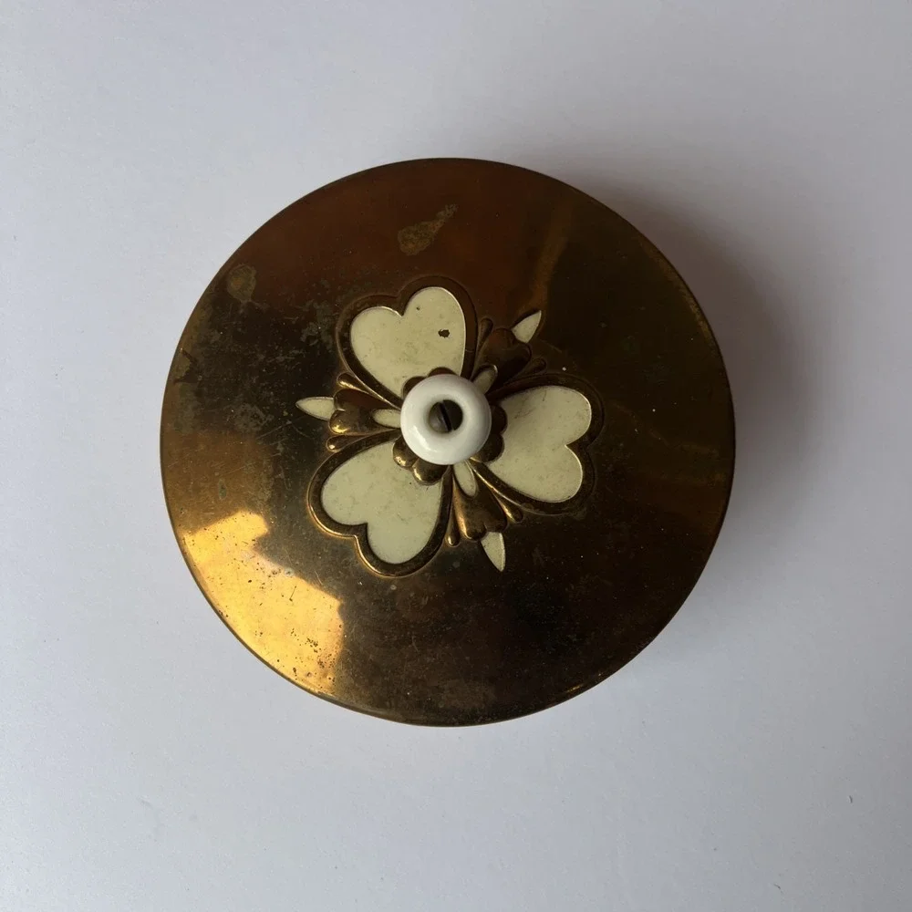 VTG Brass Powder Jar Heart Enamel Lid Glass Insert Vanity Trinket Box Glass Knob